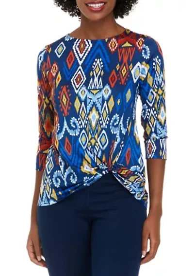 Petite 3/4 Sleeve Puff Print Twist Front Top