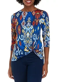 Petite 3/4 Sleeve Puff Print Twist Front Top