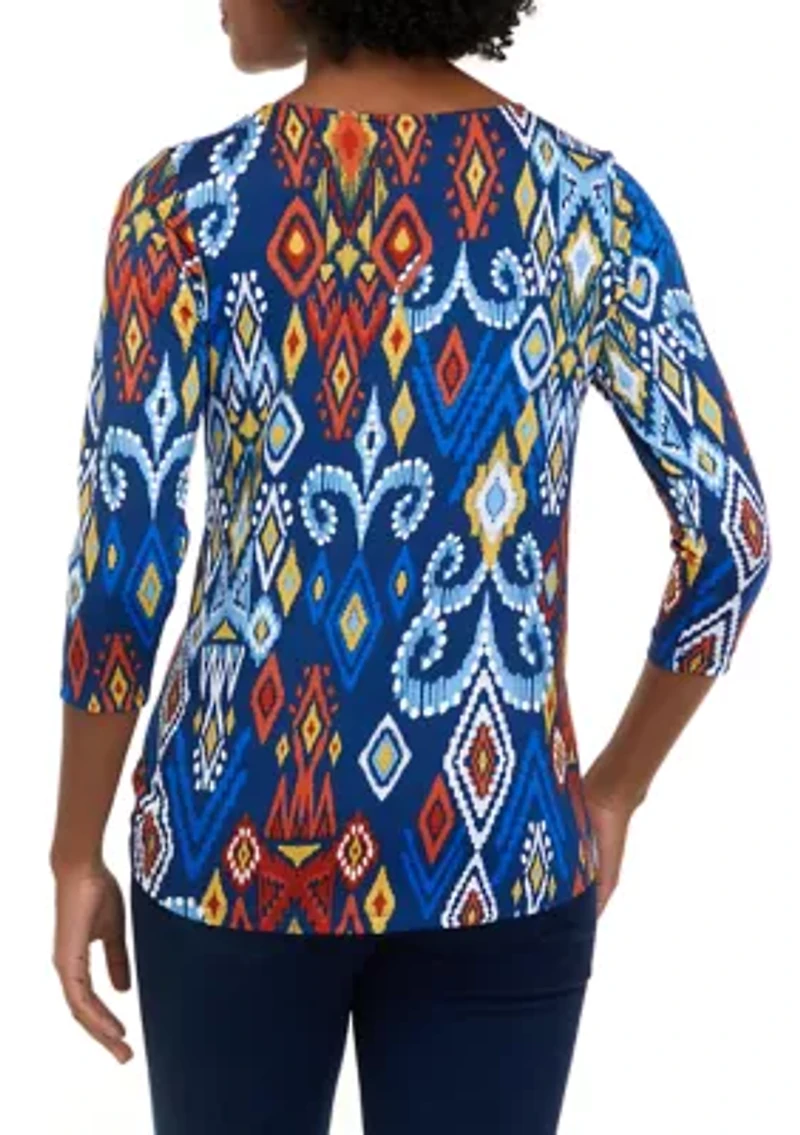 Petite 3/4 Sleeve Puff Print Twist Front Top