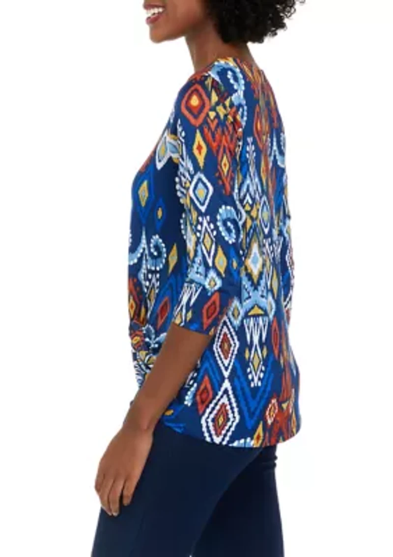 Petite 3/4 Sleeve Puff Print Twist Front Top