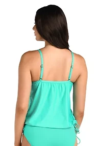 Solid V-Neck Blouson Tankini Swim Top