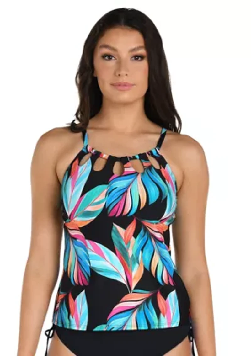 Moonlit Leaf Cutout High Neck Tankini Top