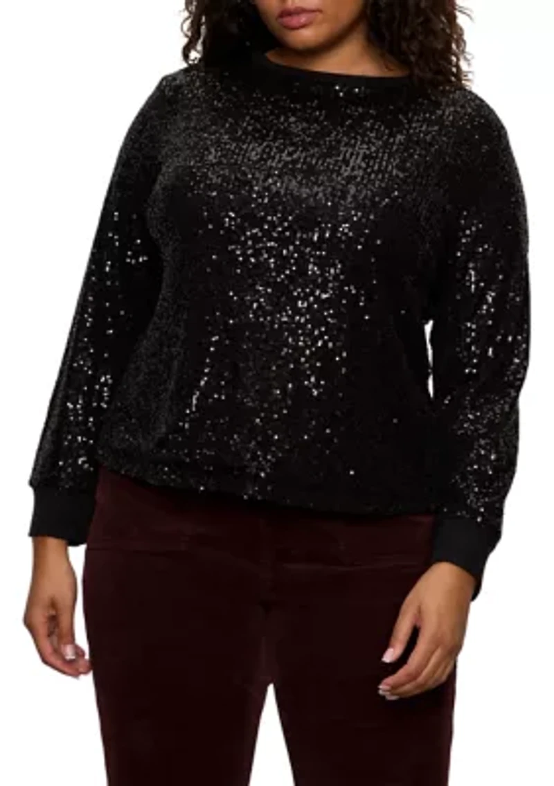 Plus Long Sleeve Sequin Top with Rib Cuff and Neckline