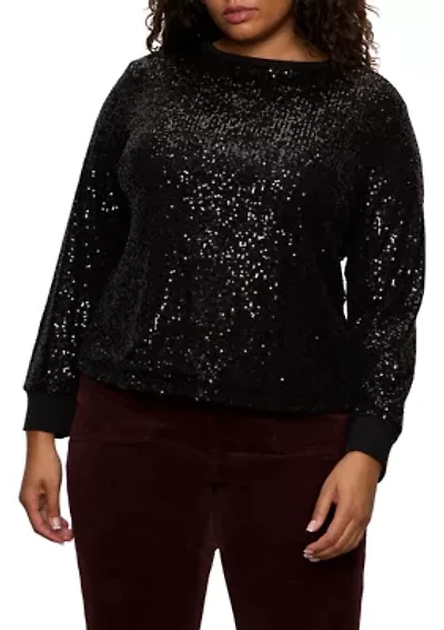 Plus Long Sleeve Sequin Top with Rib Cuff and Neckline