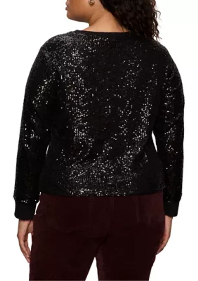 Plus Long Sleeve Sequin Top with Rib Cuff and Neckline
