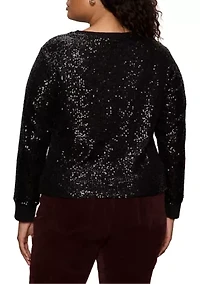Plus Long Sleeve Sequin Top with Rib Cuff and Neckline