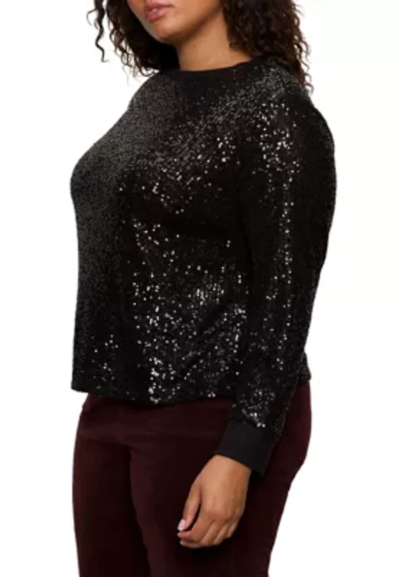 Plus Long Sleeve Sequin Top with Rib Cuff and Neckline