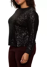 Plus Long Sleeve Sequin Top with Rib Cuff and Neckline