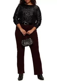 Plus Long Sleeve Sequin Top with Rib Cuff and Neckline
