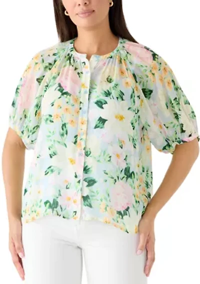 Women's Puff Sleeve Print Button Blouse