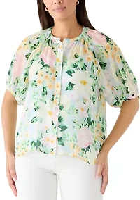 Women's Puff Sleeve Print Button Blouse