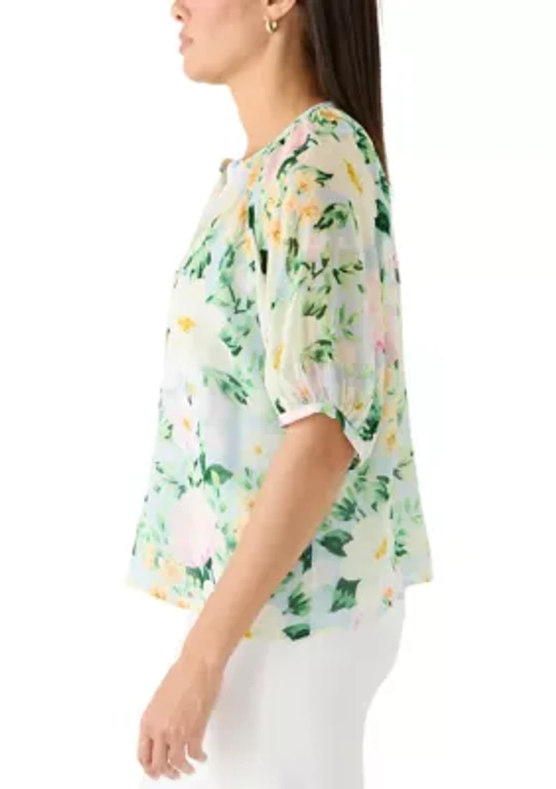 Women's Puff Sleeve Print Button Blouse