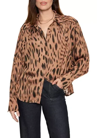 Women's Rebel Long Sleeve Button Front Animal Print Blouse
