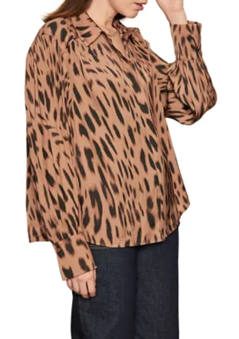 Women's Rebel Long Sleeve Button Front Animal Print Blouse