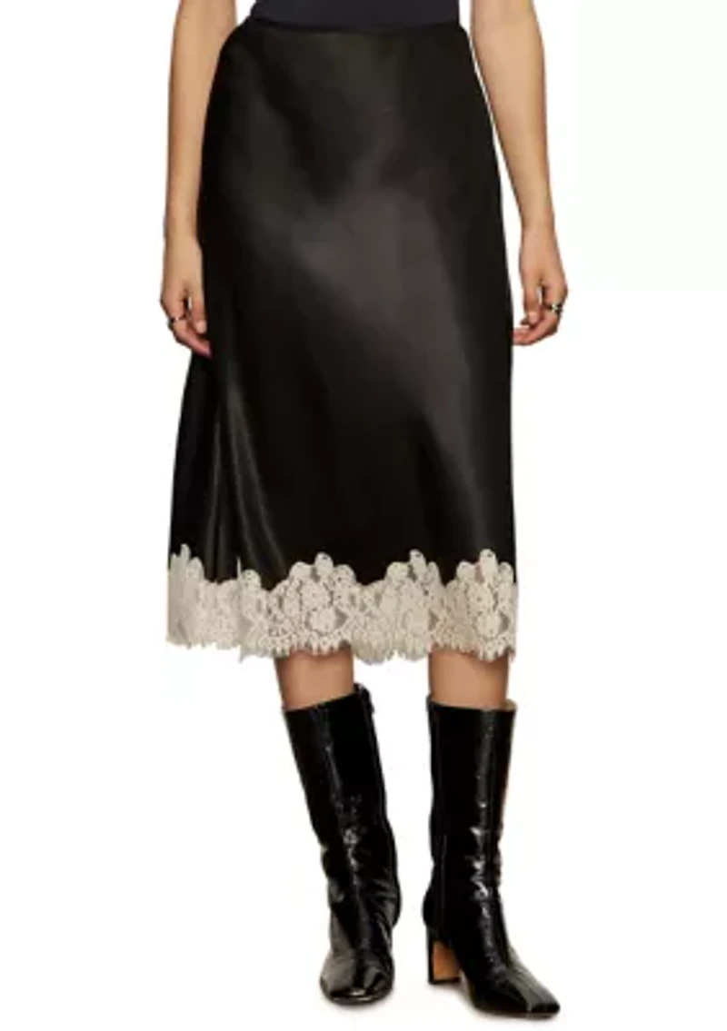 Women's One of A Kind Satin Midi Skirt with Contrasting Lace Trim at Hemline