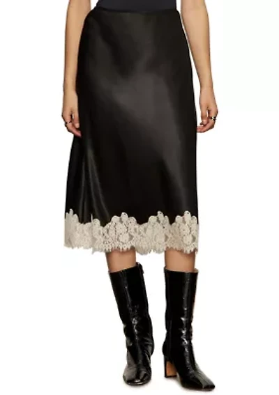 Women's One of A Kind Satin Midi Skirt with Contrasting Lace Trim at Hemline