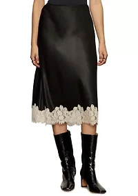 Women's One of A Kind Satin Midi Skirt with Contrasting Lace Trim at Hemline