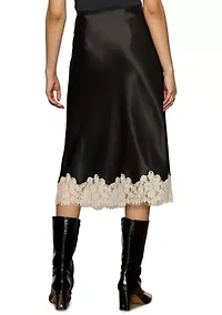 Women's One of A Kind Satin Midi Skirt with Contrasting Lace Trim at Hemline