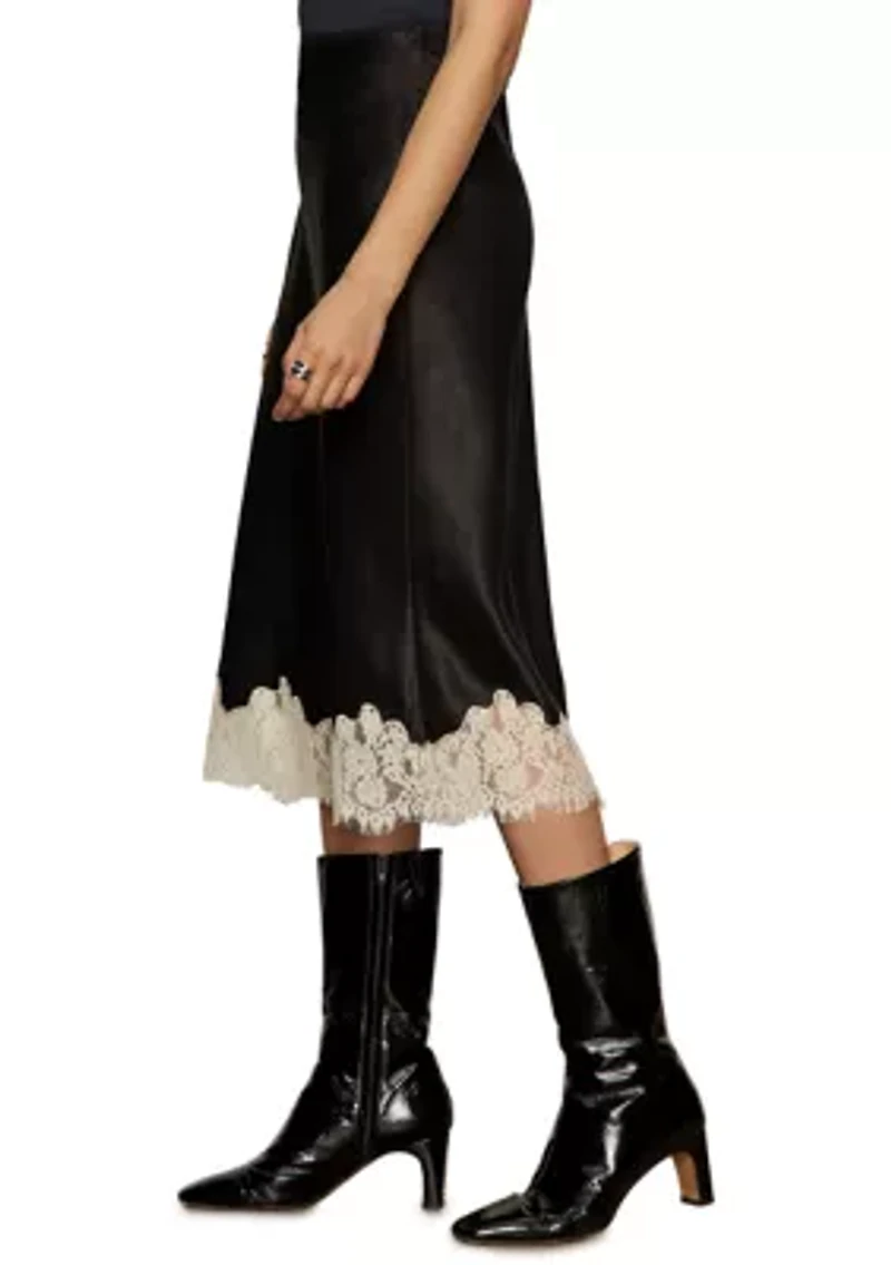 Women's One of A Kind Satin Midi Skirt with Contrasting Lace Trim at Hemline
