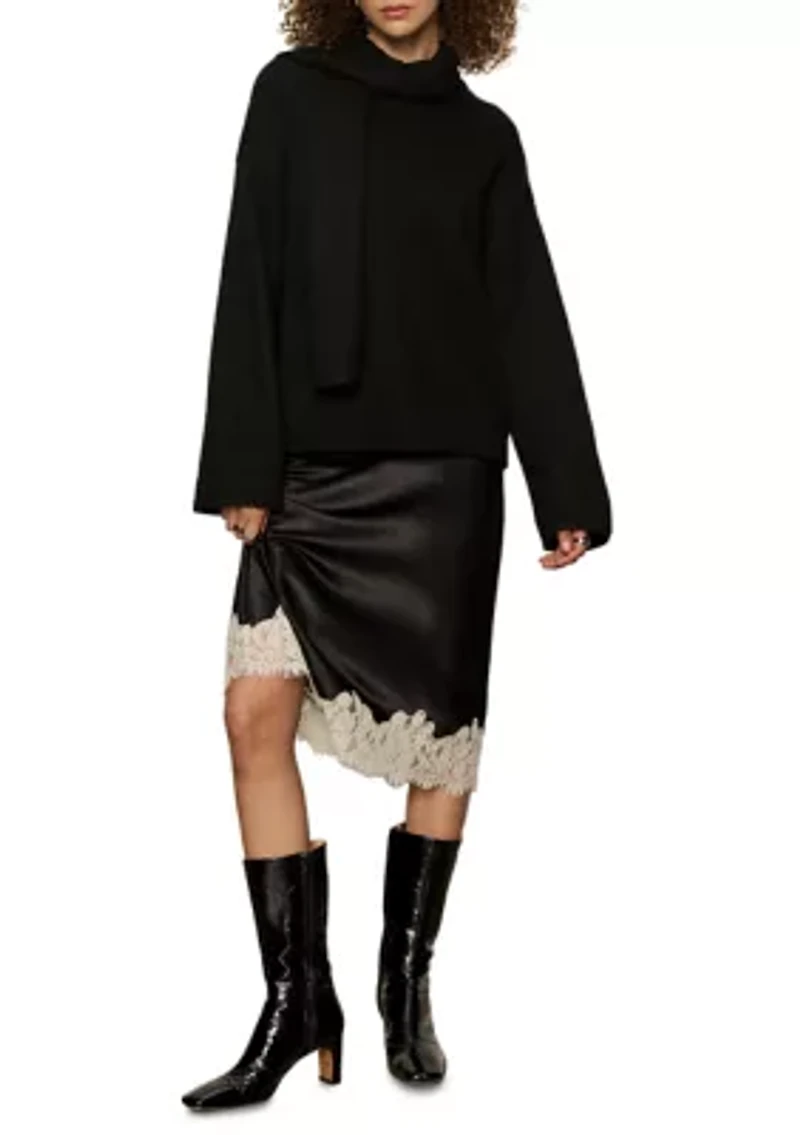 Women's One of A Kind Satin Midi Skirt with Contrasting Lace Trim at Hemline