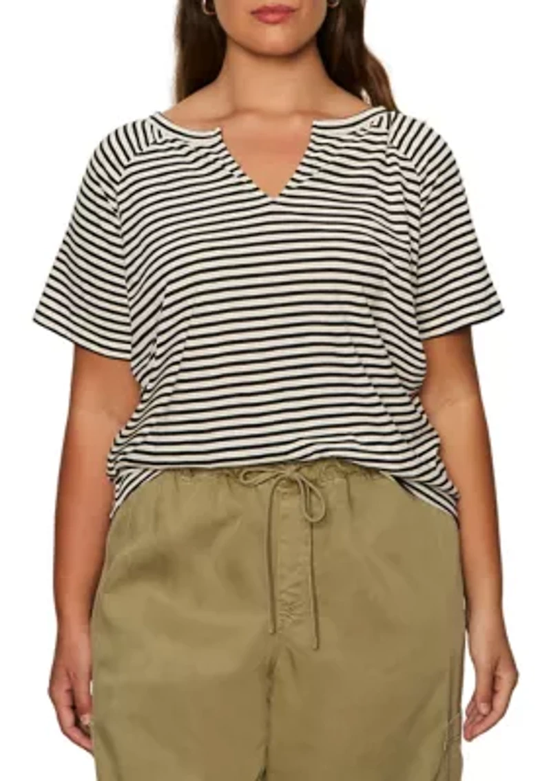 Plus Stripe Split Neck T-Shirt