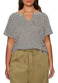 Plus Stripe Split Neck T-Shirt