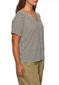 Plus Stripe Split Neck T-Shirt