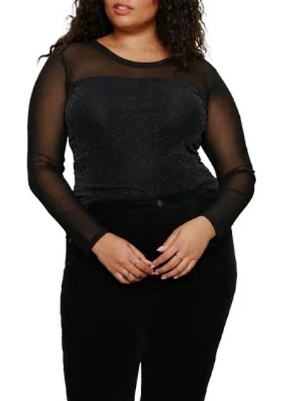 Plus Long Sleeve Mesh Top with Sparkle Bodice
