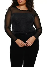 Plus Long Sleeve Mesh Top with Sparkle Bodice
