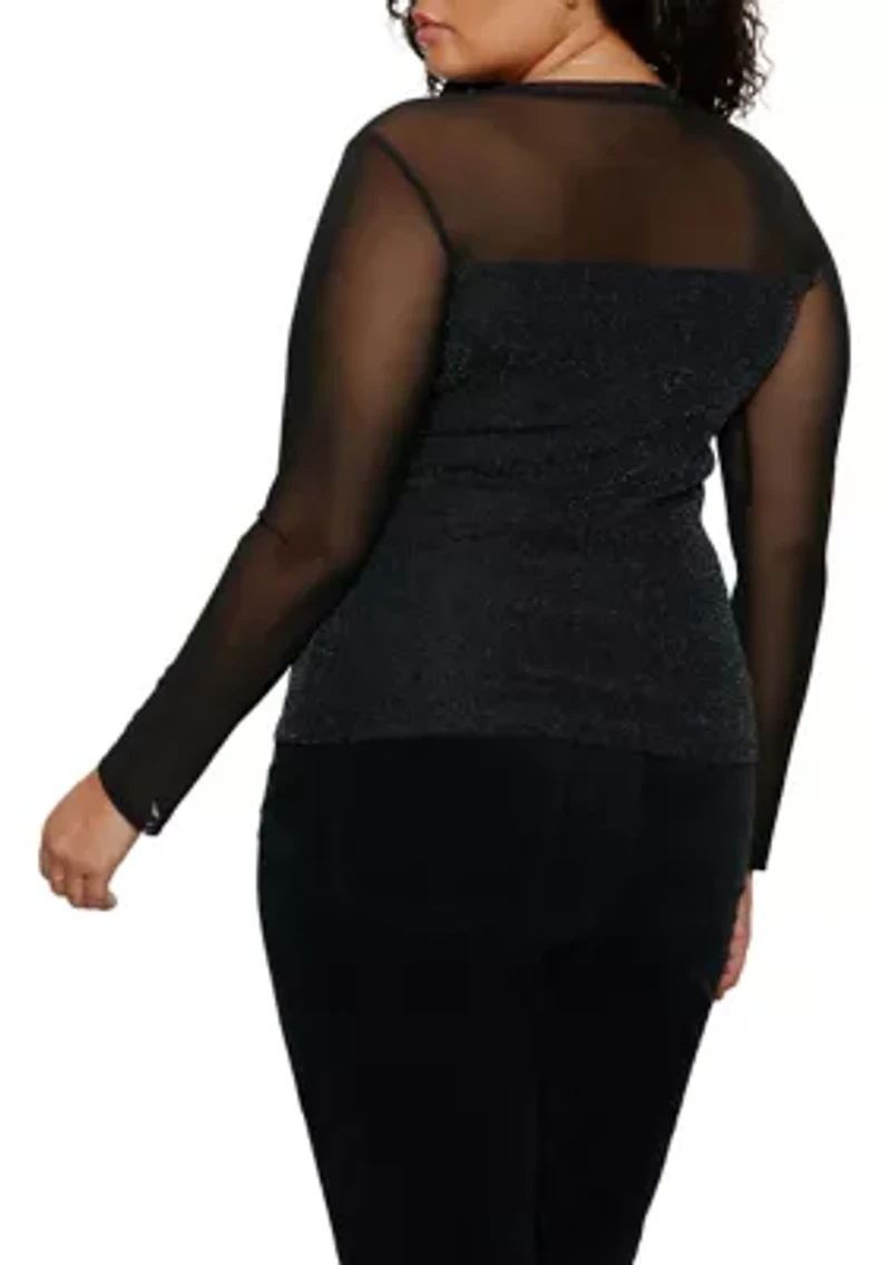 Plus Long Sleeve Mesh Top with Sparkle Bodice