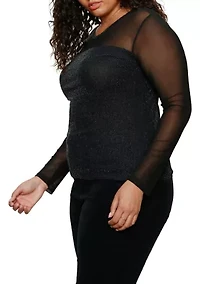 Plus Long Sleeve Mesh Top with Sparkle Bodice