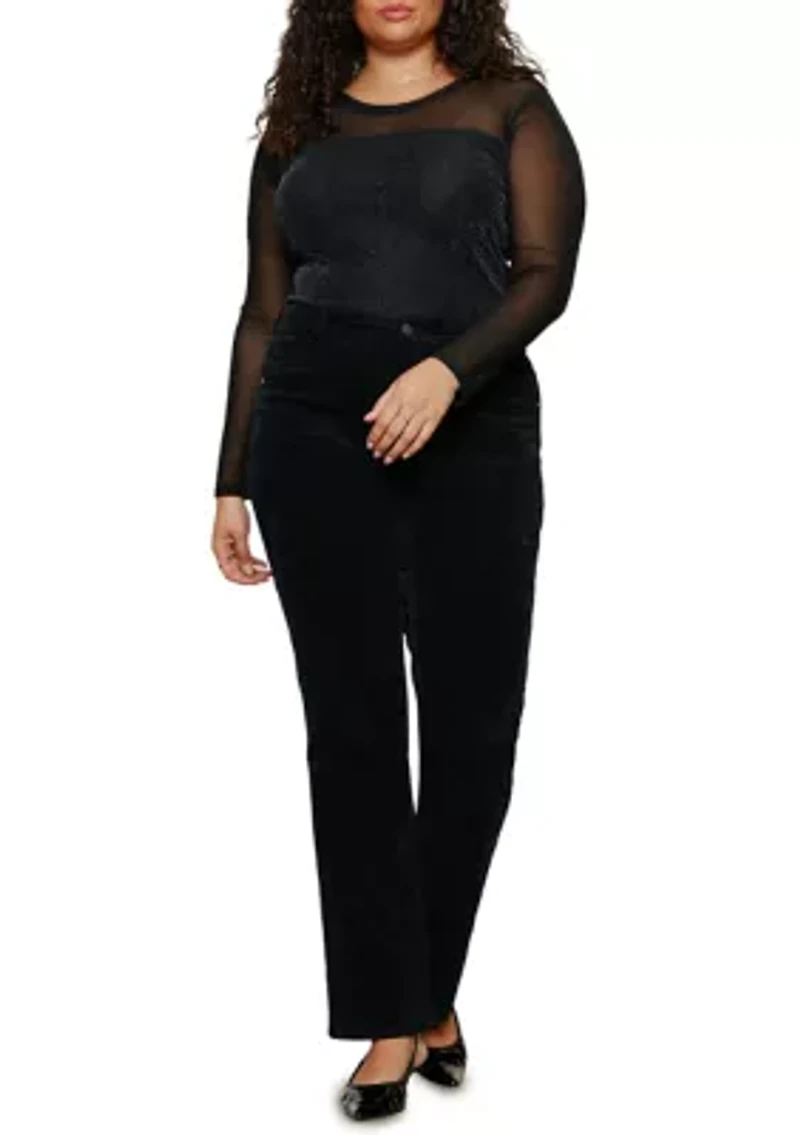 Plus Long Sleeve Mesh Top with Sparkle Bodice