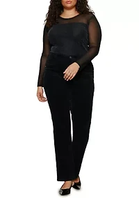 Plus Long Sleeve Mesh Top with Sparkle Bodice