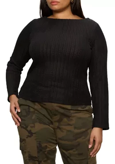 Plus Long Sleeve Boat Neck Textured Top