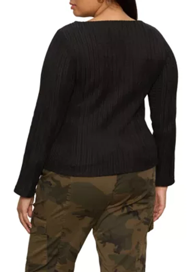 Plus Long Sleeve Boat Neck Textured Top