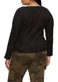 Plus Long Sleeve Boat Neck Textured Top