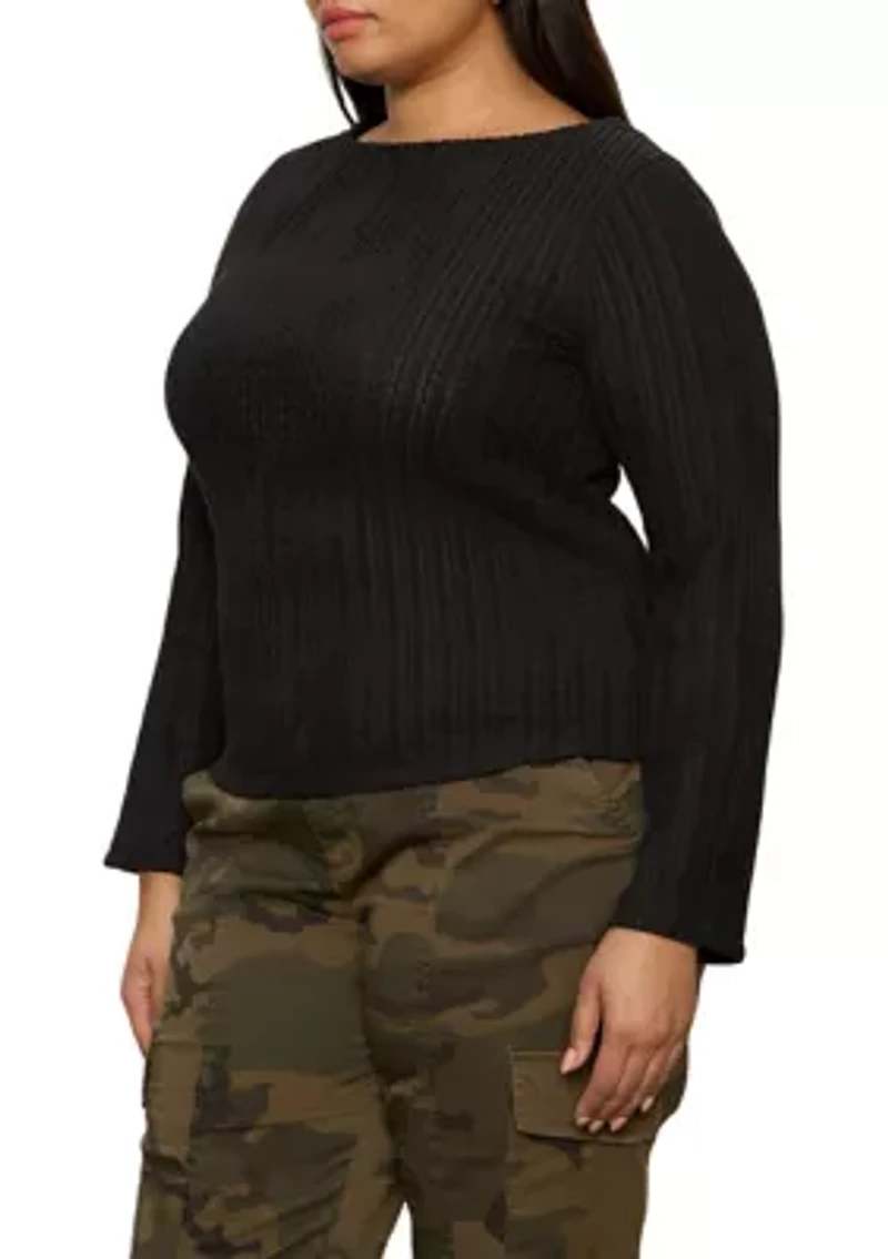 Plus Long Sleeve Boat Neck Textured Top