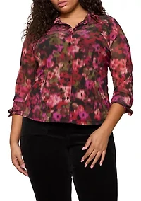 Plus Fitted Mesh Button Up Top with Lined Bodice