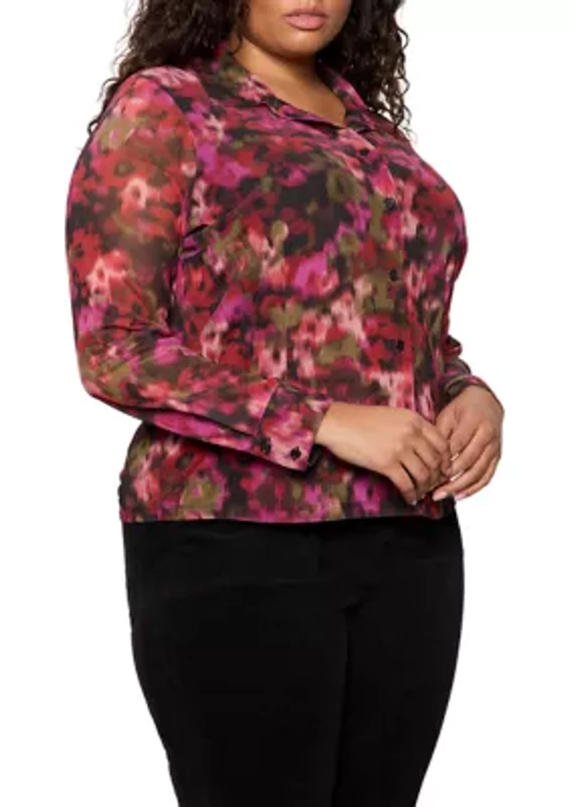 Plus Fitted Mesh Button Up Top with Lined Bodice