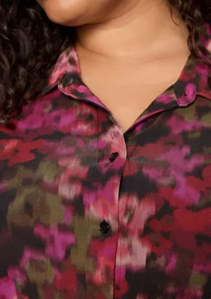 Plus Fitted Mesh Button Up Top with Lined Bodice