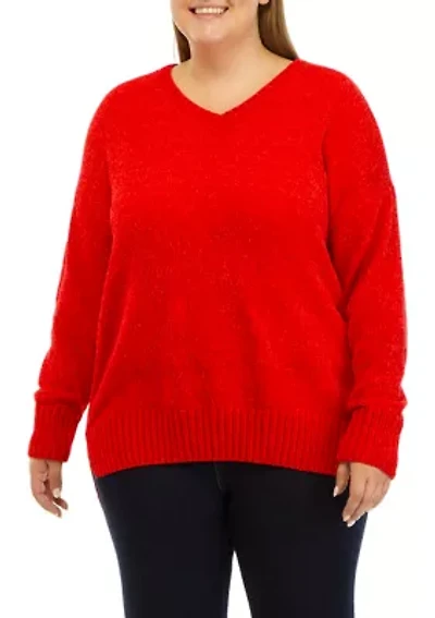 Plus Ribbed V-Neck Chenille Sweater