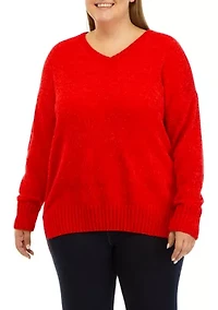 Plus Ribbed V-Neck Chenille Sweater