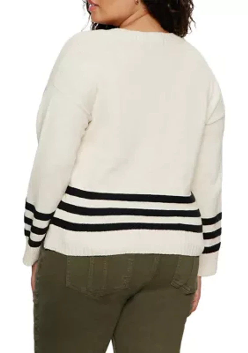 Plus Classic Striped  V-Neck Sweater