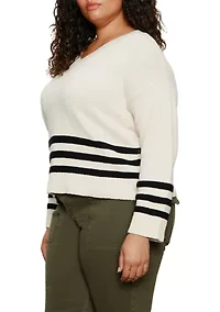 Plus Classic Striped  V-Neck Sweater