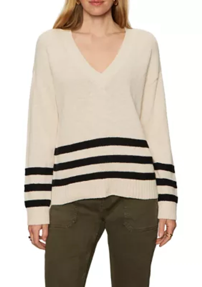 Women's Classic V-Neck Sweater with Striped Detail