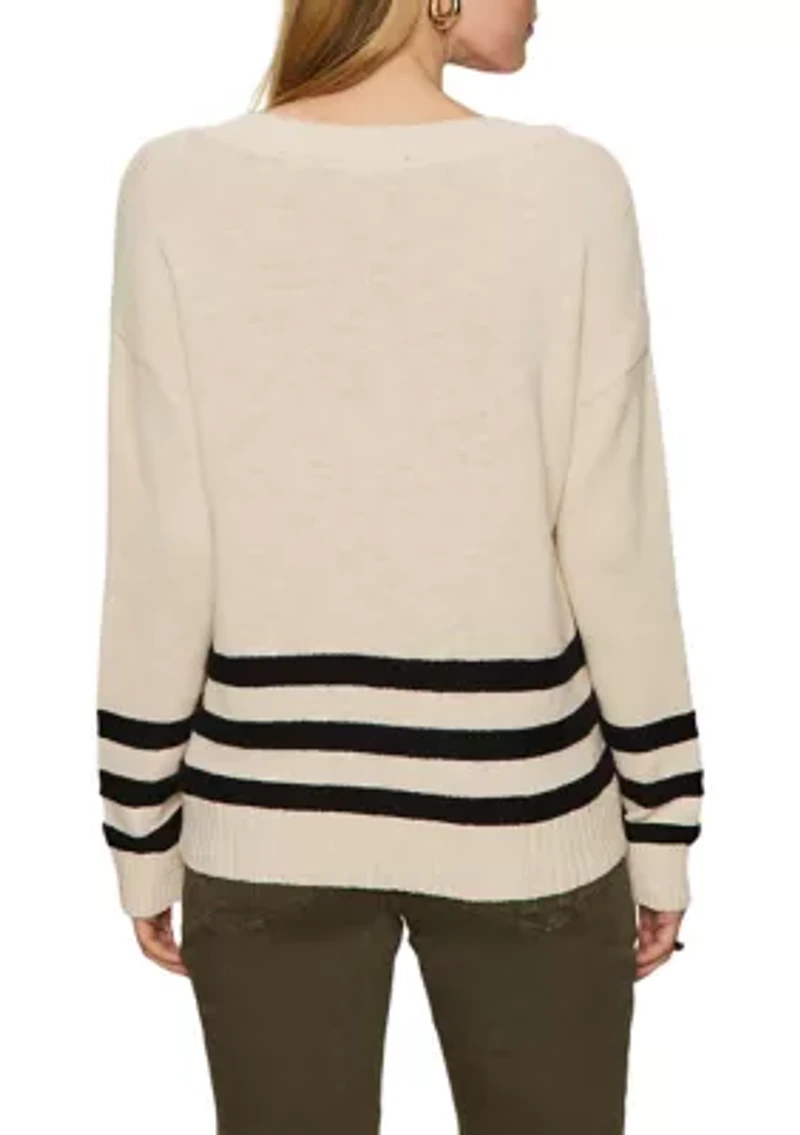Women's Classic V-Neck Sweater with Striped Detail