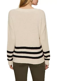 Women's Classic V-Neck Sweater with Striped Detail