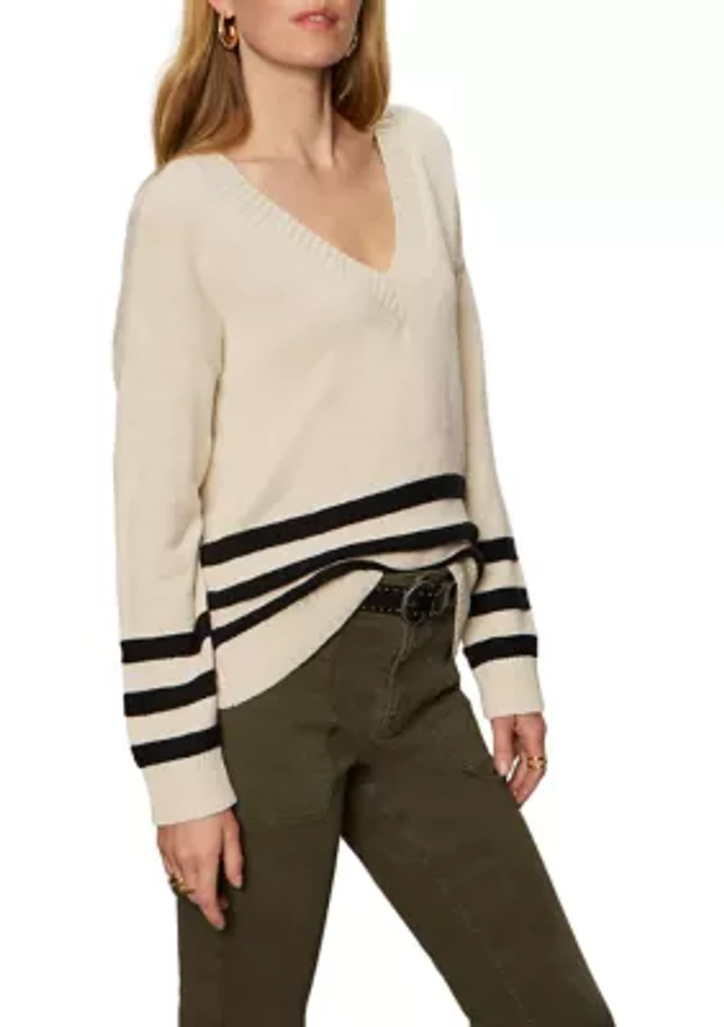 Women's Classic V-Neck Sweater with Striped Detail