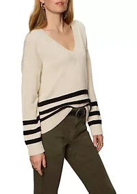 Women's Classic V-Neck Sweater with Striped Detail