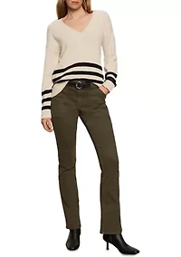 Women's Classic V-Neck Sweater with Striped Detail